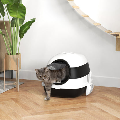 PawHut Cat Litter Box with Lid, Covered Litter Box w/ High Sides, Air Freshener, Large Two-Way Entrance Kitty Litter Box, Foldable, Easy Clean, White, and Black