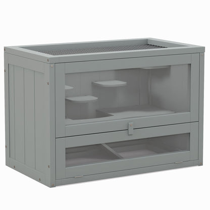 PawHut 2-Level Hamster Cage Mice and Rat House, Small Animal Habitat for Guinea Pigs, Chinchillas with Openable Top, Front Door, Shelf and Ladder, Gray
