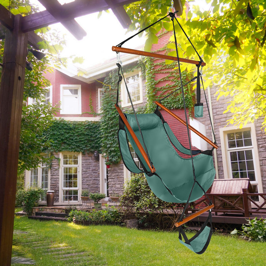 Oxford Cloth Hardwood With Cup Holder Wooden Stick Perforated 100kg Seaside Courtyard Oxford Cloth Hanging Chair Green