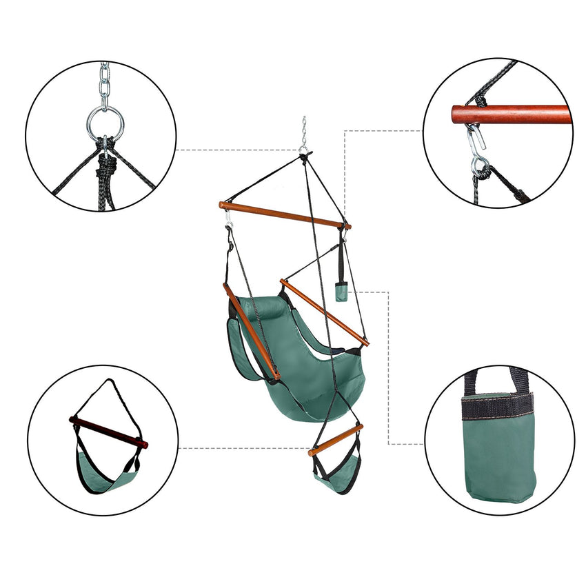 Oxford Cloth Hardwood With Cup Holder Wooden Stick Perforated 100kg Seaside Courtyard Oxford Cloth Hanging Chair Green