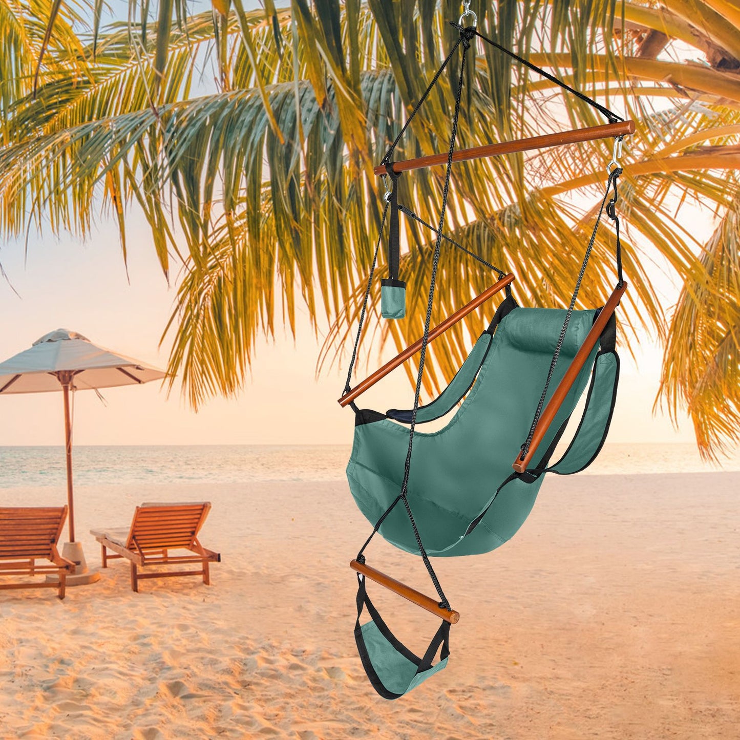 Oxford Cloth Hardwood With Cup Holder Wooden Stick Perforated 100kg Seaside Courtyard Oxford Cloth Hanging Chair Green