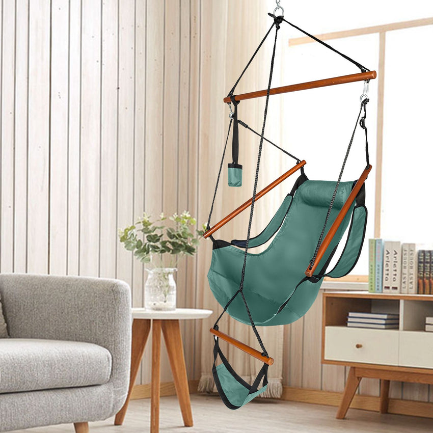 Oxford Cloth Hardwood With Cup Holder Wooden Stick Perforated 100kg Seaside Courtyard Oxford Cloth Hanging Chair Green