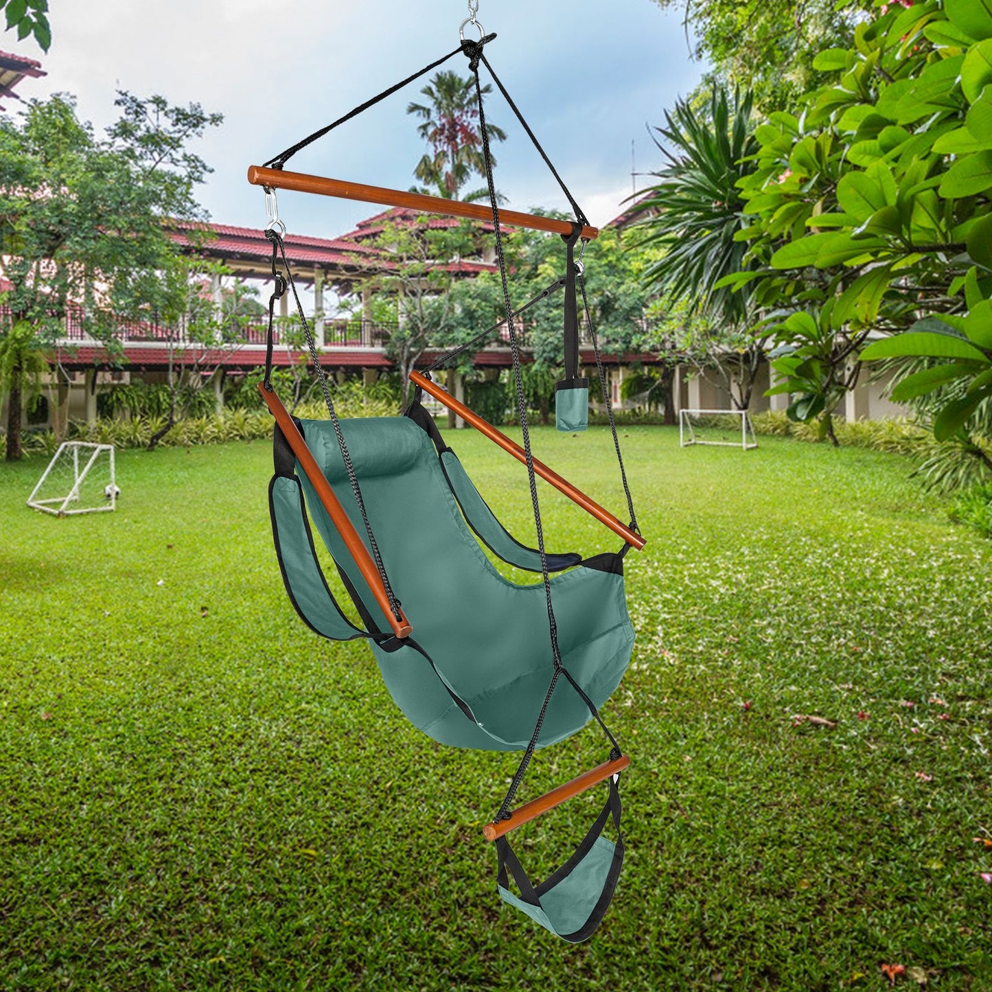 Oxford Cloth Hardwood With Cup Holder Wooden Stick Perforated 100kg Seaside Courtyard Oxford Cloth Hanging Chair Green