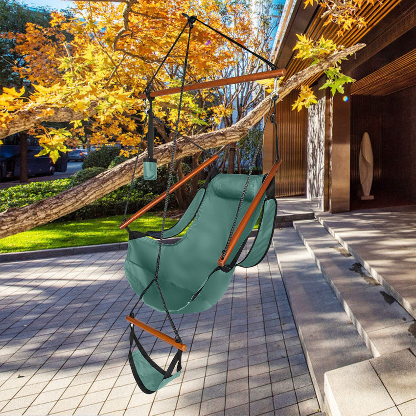 Oxford Cloth Hardwood With Cup Holder Wooden Stick Perforated 100kg Seaside Courtyard Oxford Cloth Hanging Chair Green