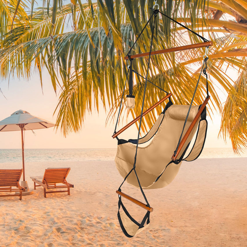 Oxford Cloth Hardwood With Cup Holder Wooden Stick Perforated 100kg Seaside Courtyard Oxford Cloth Hanging Chair Brown