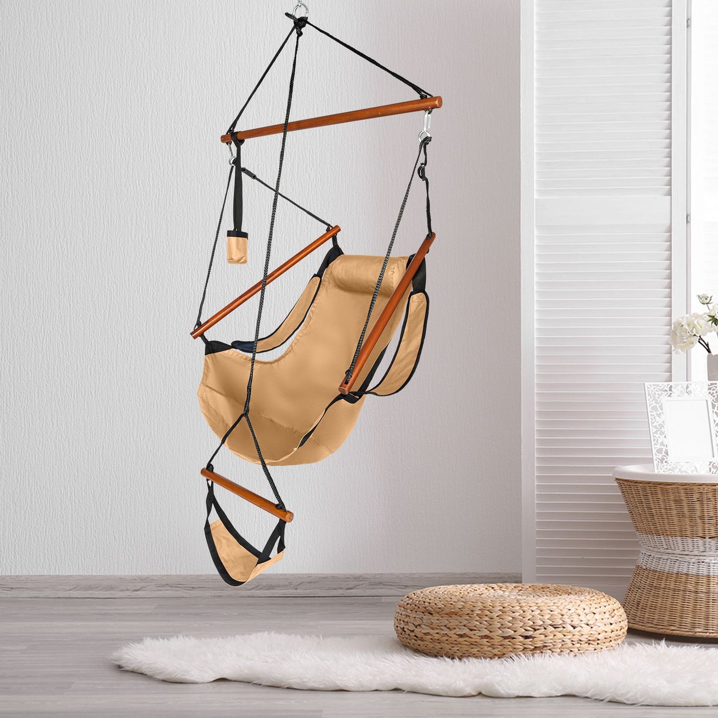 Oxford Cloth Hardwood With Cup Holder Wooden Stick Perforated 100kg Seaside Courtyard Oxford Cloth Hanging Chair Brown