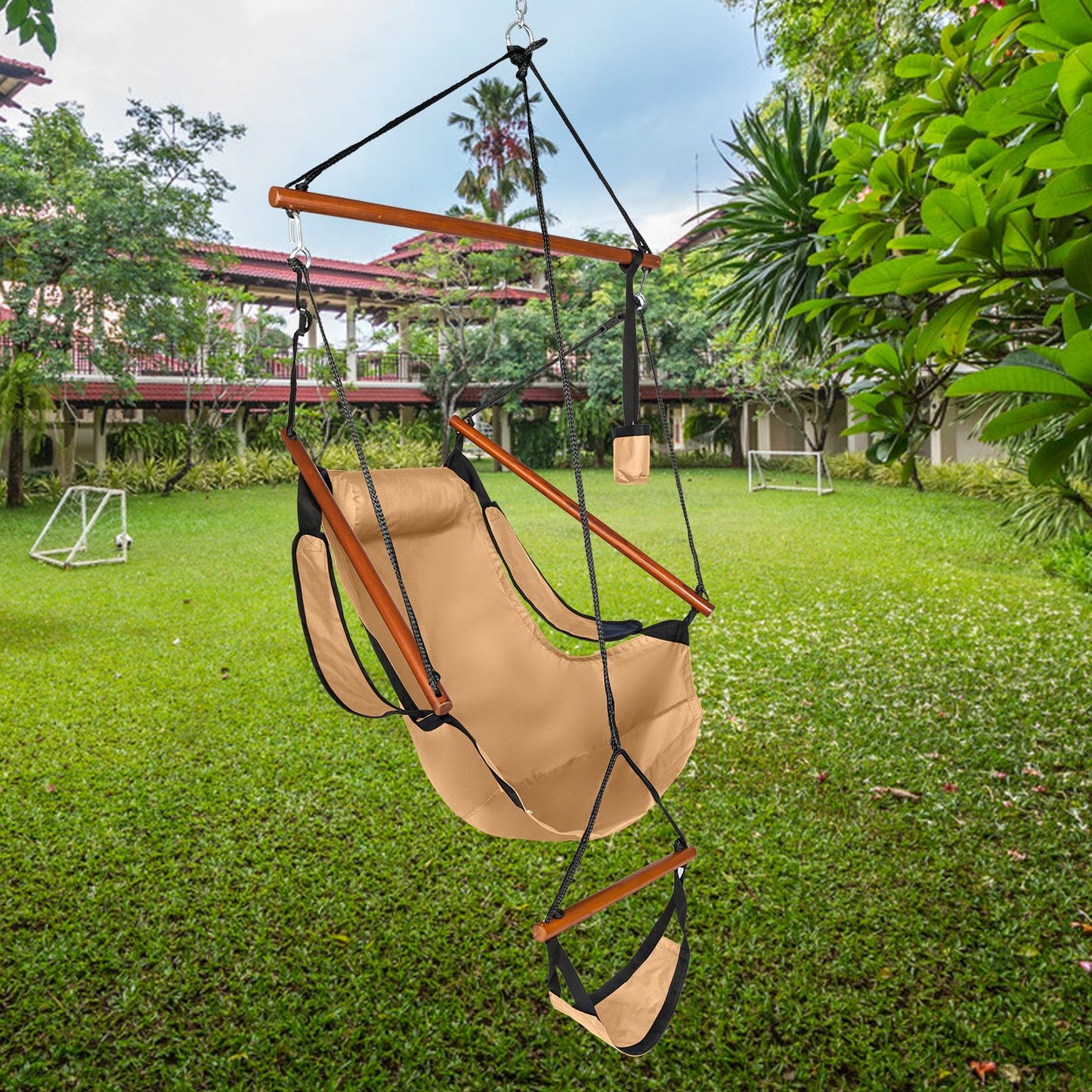 Oxford Cloth Hardwood With Cup Holder Wooden Stick Perforated 100kg Seaside Courtyard Oxford Cloth Hanging Chair Brown