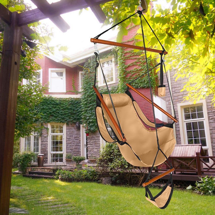 Oxford Cloth Hardwood With Cup Holder Wooden Stick Perforated 100kg Seaside Courtyard Oxford Cloth Hanging Chair Brown