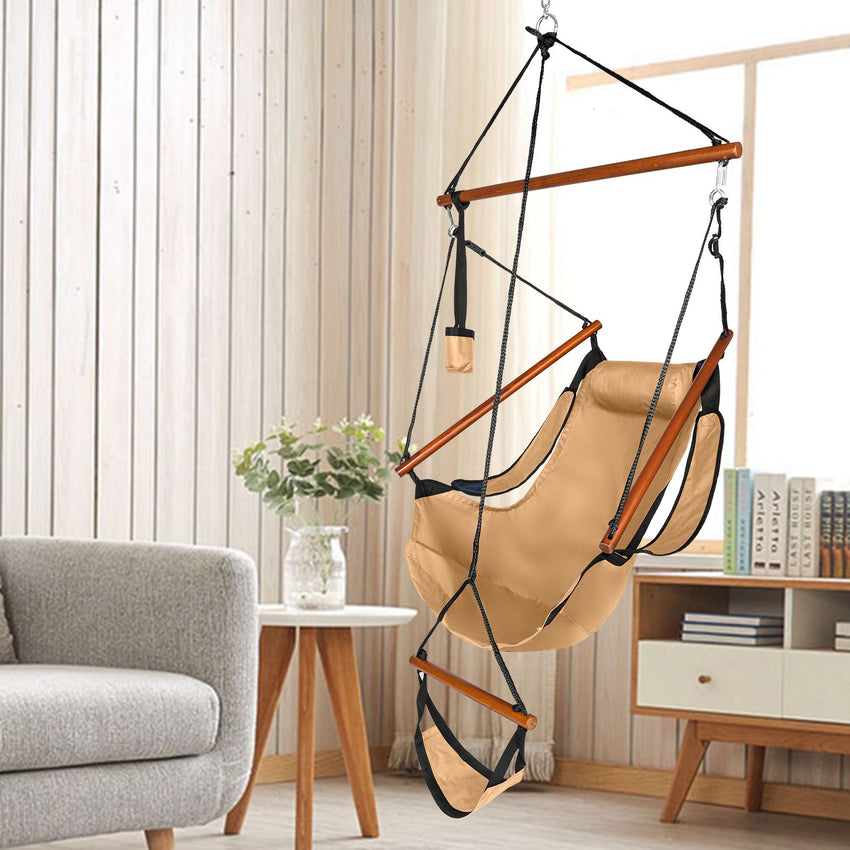 Oxford Cloth Hardwood With Cup Holder Wooden Stick Perforated 100kg Seaside Courtyard Oxford Cloth Hanging Chair Brown