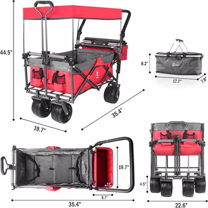 Collapsible Wagon Heavy Duty Folding Wagon Cart with Removable Canopy, 4" Wide Large All Terrain Wheels, Brake, Adjustable Handles, Cooler Bag Utility Carts for Outdoor Garden Wagons Carts Beach Cart