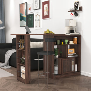 Modern Bar Cabinet with Rotating top, Counter Height Dining Cabinet with 6 Storage space and 2 Ribbed Glass Door for Kitchen, The Rotating Top with 3 Storage Shelves Dining Room, Living Room, Walnut