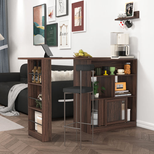 Modern Bar Cabinet with Rotating top, Counter Height Dining Cabinet with 6 Storage space and 2 Ribbed Glass Door for Kitchen, The Rotating Top with 3 Storage Shelves Dining Room, Living Room, Walnut