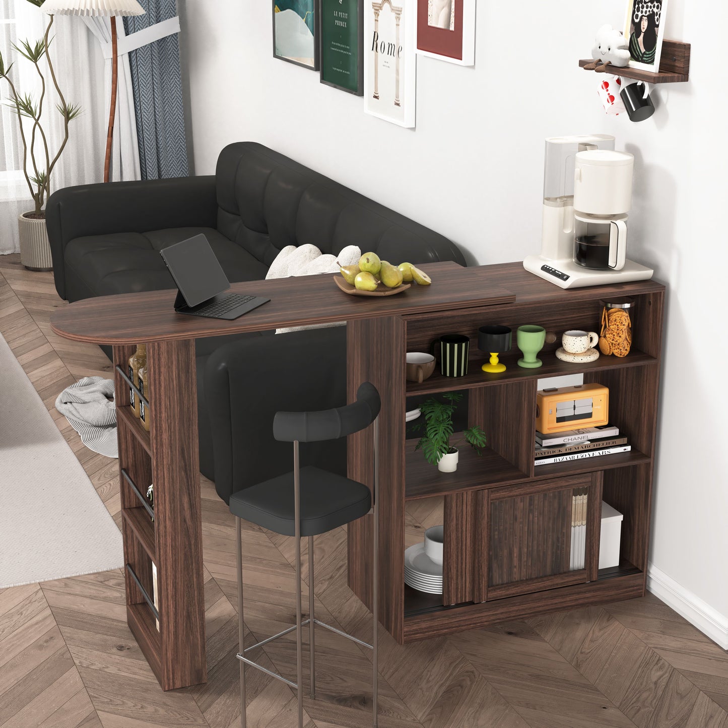 Modern Bar Cabinet with Rotating top, Counter Height Dining Cabinet with 6 Storage space and 2 Ribbed Glass Door for Kitchen, The Rotating Top with 3 Storage Shelves Dining Room, Living Room, Walnut