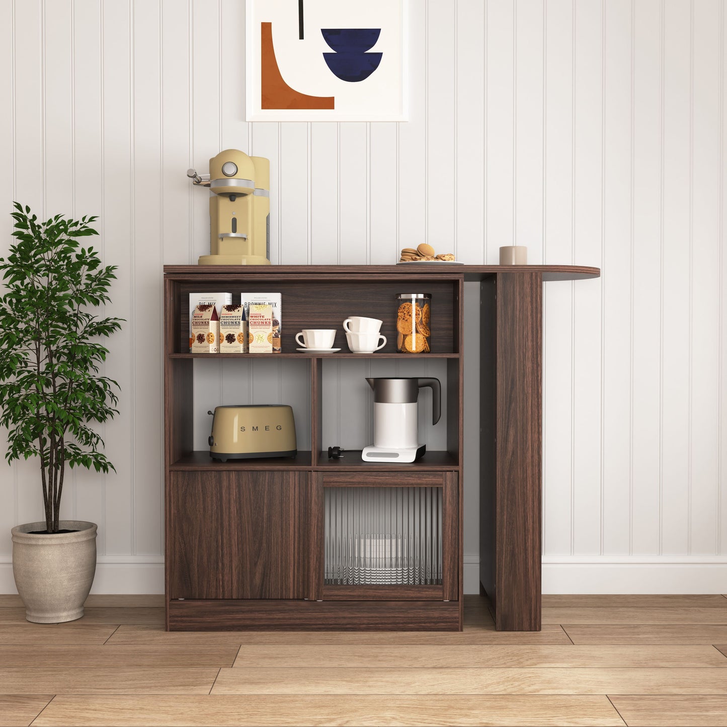 Modern Bar Cabinet with Rotating top, Counter Height Dining Cabinet with 6 Storage space and 2 Ribbed Glass Door for Kitchen, The Rotating Top with 3 Storage Shelves Dining Room, Living Room, Walnut