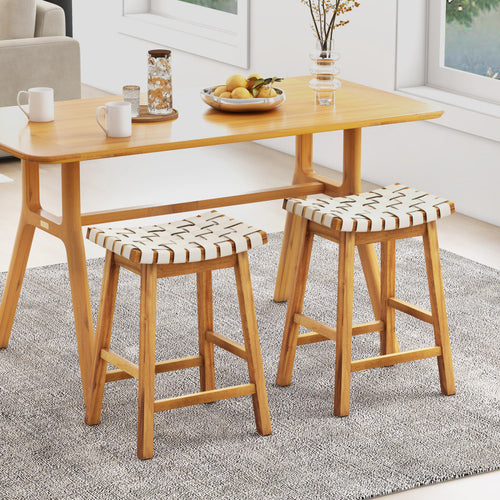 Faux PU Leather Bar Stools Set of 2 with Woven Curved Seat Natural