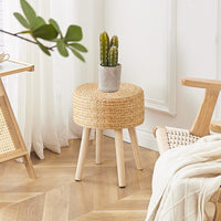 Round Ottoman Footstool Natural Seagrass Foot Stool Pouf Ottomans with Solid Wood Legs Hand Weave Hyacinth Footrest Step Stool for Living Room Balcony Garden