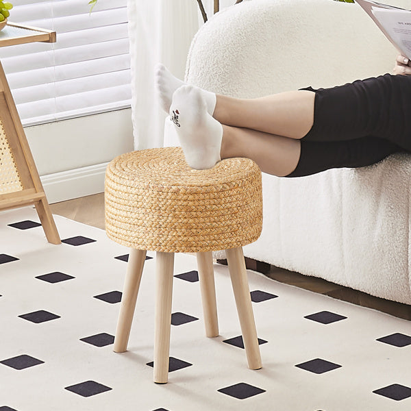 Round Ottoman Footstool Natural Seagrass Foot Stool Pouf Ottomans with Solid Wood Legs Hand Weave Hyacinth Footrest Step Stool for Living Room Balcony Garden