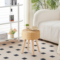 Round Ottoman Footstool Natural Seagrass Foot Stool Pouf Ottomans with Solid Wood Legs Hand Weave Hyacinth Footrest Step Stool for Living Room Balcony Garden