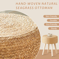 Round Ottoman Footstool Natural Seagrass Foot Stool Pouf Ottomans with Solid Wood Legs Hand Weave Hyacinth Footrest Step Stool for Living Room Balcony Garden