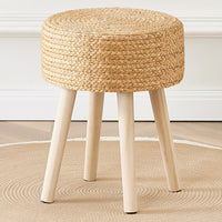 Round Ottoman Footstool Natural Seagrass Foot Stool Pouf Ottomans with Solid Wood Legs Hand Weave Hyacinth Footrest Step Stool for Living Room Balcony Garden