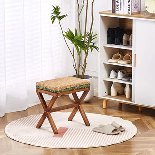 Ottoman Footstool Natural Seagrass Footrest Pouf Ottomans with X Wooden Legs Rectangular Hand Weaving Foot Rest for Living Room Patio Balcony 17 inch