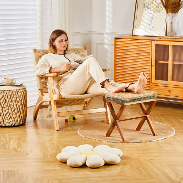 Ottoman Footstool Natural Seagrass Footrest Pouf Ottomans with X Wooden Legs Rectangular Hand Weaving Foot Rest for Living Room Patio Balcony 17 inch