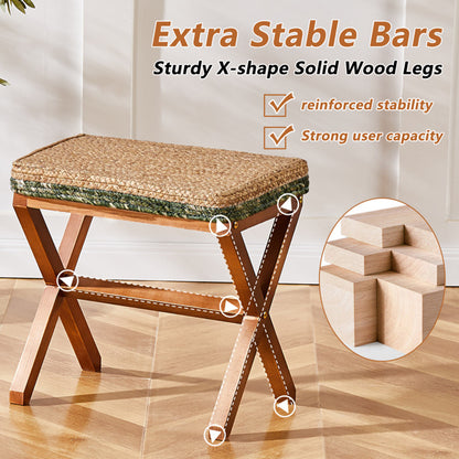 Ottoman Footstool Natural Seagrass Footrest Pouf Ottomans with X Wooden Legs Rectangular Hand Weaving Foot Rest for Living Room Patio Balcony 17 inch