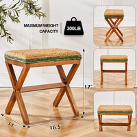 Ottoman Footstool Natural Seagrass Footrest Pouf Ottomans with X Wooden Legs Rectangular Hand Weaving Foot Rest for Living Room Patio Balcony 17 inch