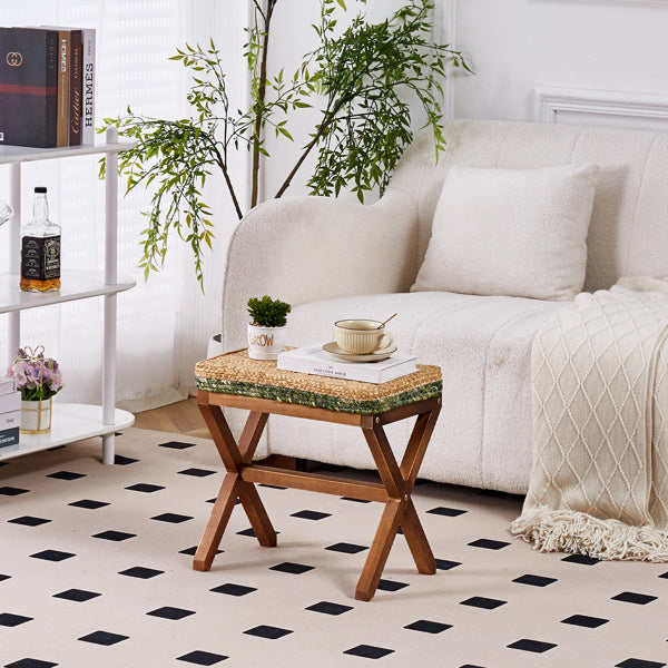 Ottoman Footstool Natural Seagrass Footrest Pouf Ottomans with X Wooden Legs Rectangular Hand Weaving Foot Rest for Living Room Patio Balcony 17 inch