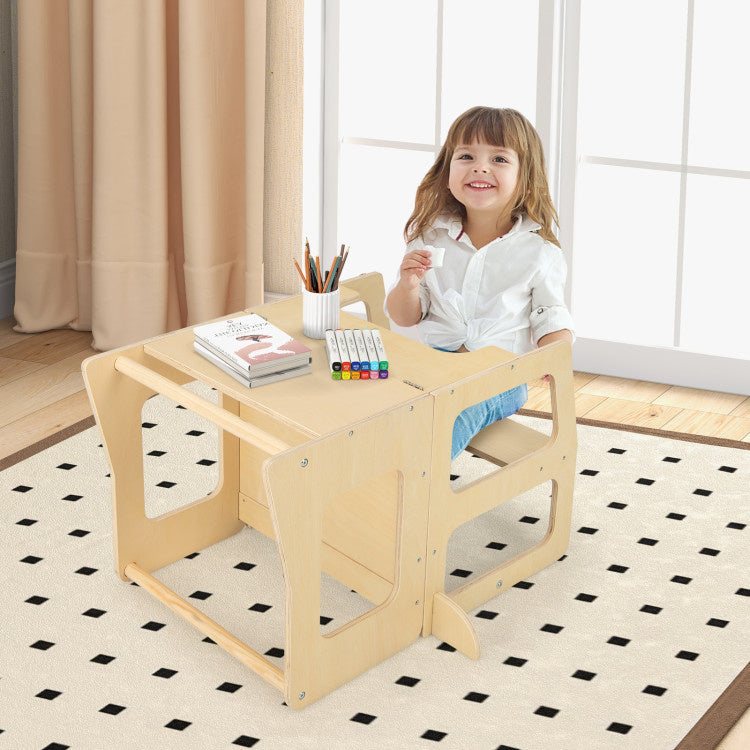 3-in-1 Foldable Kitchen Standing Tower for Toddlers with Chalkboard