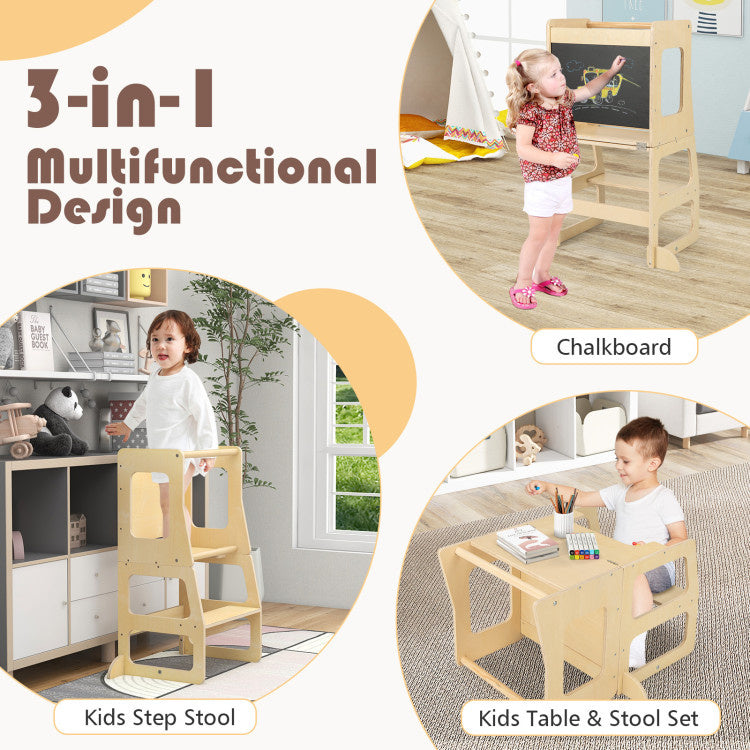 3-in-1 Foldable Kitchen Standing Tower for Toddlers with Chalkboard