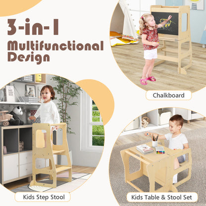 3-in-1 Foldable Kitchen Standing Tower for Toddlers with Chalkboard