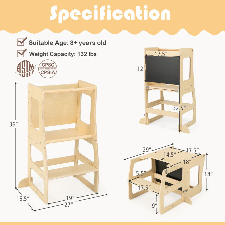 3-in-1 Foldable Kitchen Standing Tower for Toddlers with Chalkboard
