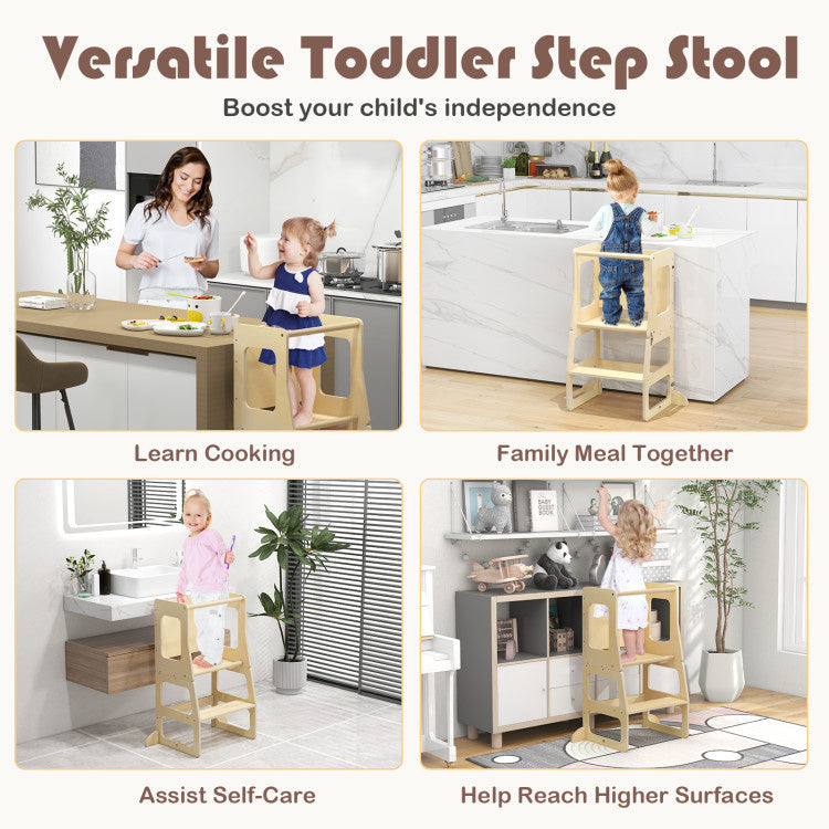 3-in-1 Foldable Kitchen Standing Tower for Toddlers with Chalkboard