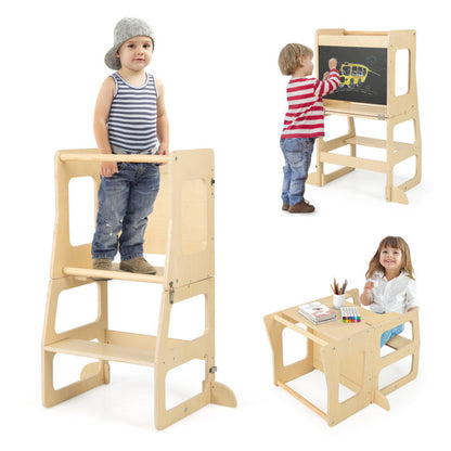 3-in-1 Foldable Kitchen Standing Tower for Toddlers with Chalkboard