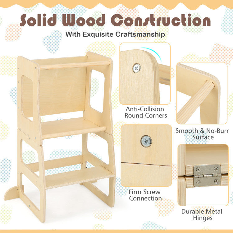 3-in-1 Foldable Kitchen Standing Tower for Toddlers with Chalkboard