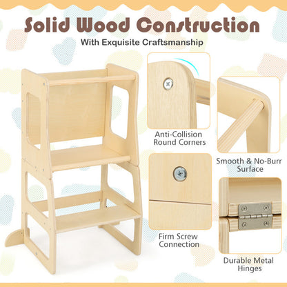 3-in-1 Foldable Kitchen Standing Tower for Toddlers with Chalkboard