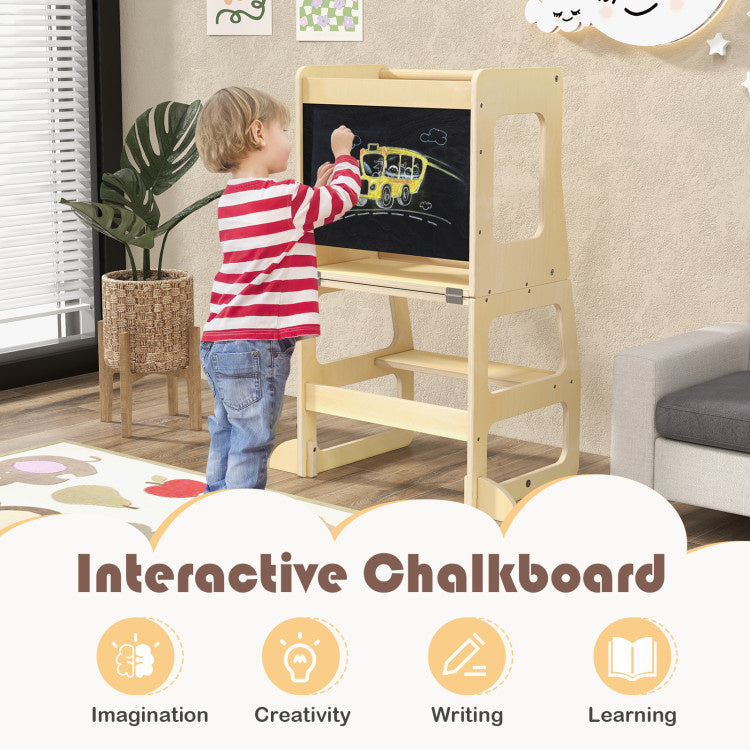 3-in-1 Foldable Kitchen Standing Tower for Toddlers with Chalkboard