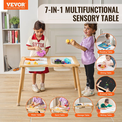 VEVOR Sensory Table for Toddlers, Kids Activity Table with 3 Foldable Storage Bins & Paper Roll Holder, Indoor/Outdoor Play Sand and Water Table, Wooden Kids Sensory Drawing Table, Gift for Boys Girls