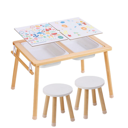 VEVOR Sensory Table and Chairs Set, Toddlers Activity Table with 2 Stools, 2 Storage Bins & Paper Roll Holder, Indoor/Outdoor Play Sand and Water Table, Wooden Kids Sensory Table - Gift for Boys Girls