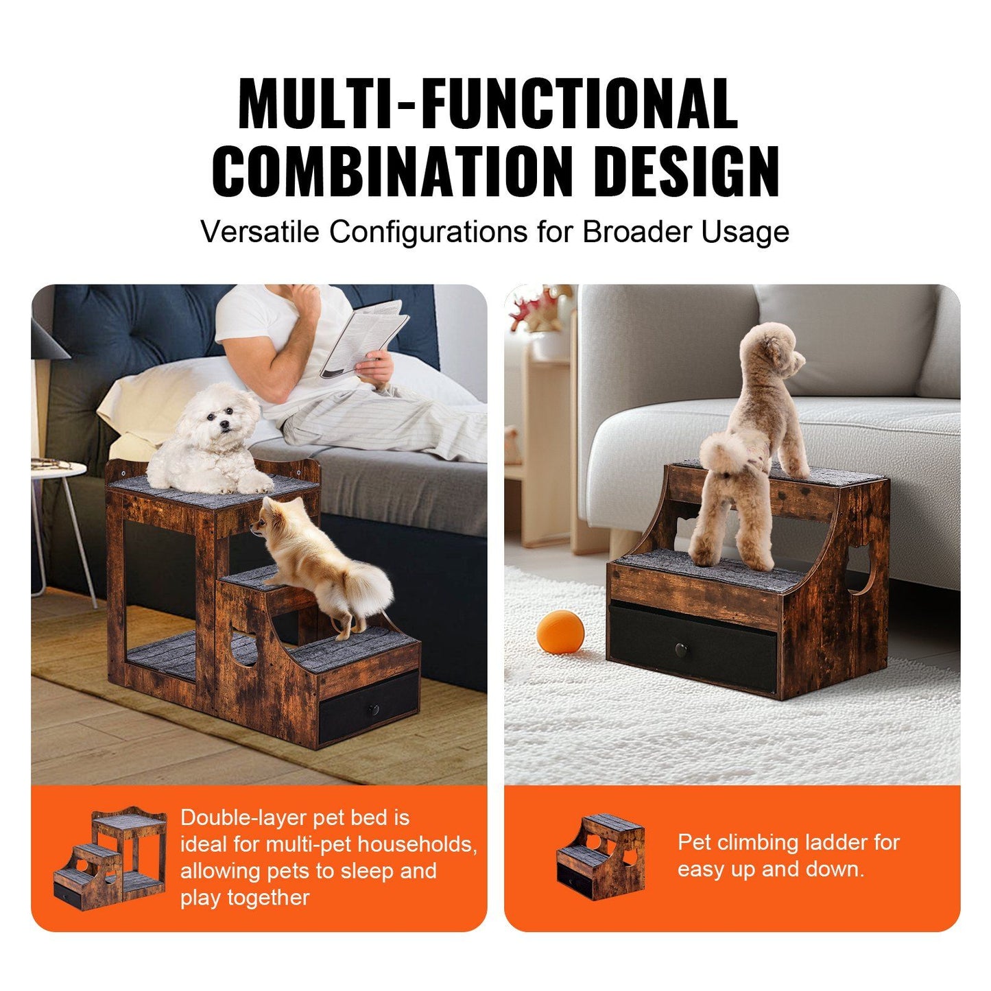 VEVOR Pet Bunk Bed with Removable Stairs, Dog/Cat Window Perch with Storage, Multi-Level Bed Window Perch Dog Bedside Sleeper Couch, Small Pet Seat Platform, Indoor Use (Rustic Brown)