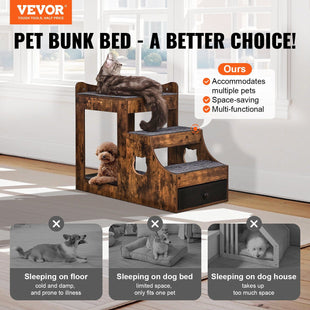 VEVOR Pet Bunk Bed with Removable Stairs, Dog/Cat Window Perch with Storage, Multi-Level Bed Window Perch Dog Bedside Sleeper Couch, Small Pet Seat Platform, Indoor Use (Rustic Brown)