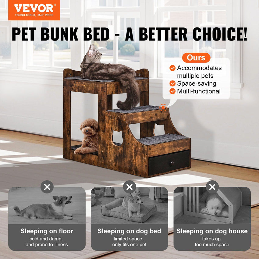 VEVOR Pet Bunk Bed with Removable Stairs, Dog/Cat Window Perch with Storage, Multi-Level Bed Window Perch Dog Bedside Sleeper Couch, Small Pet Seat Platform, Indoor Use (Rustic Brown)