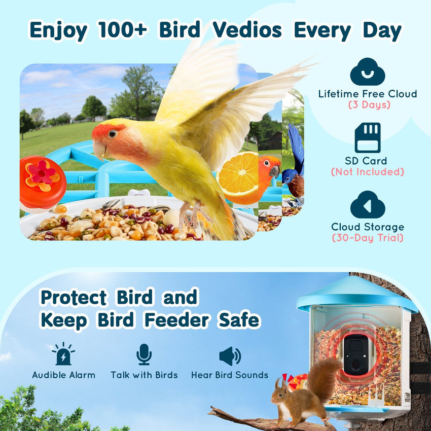VEVOR Smart Bird Feeder with Camera, 2K HD AI Identify 10000+ Bird Species, Solar-Powered Bird Watching Camera with Auto Capture & Instant Notify, Wireless Outdoor Gift for Bird Lover (3 Solar Panels)