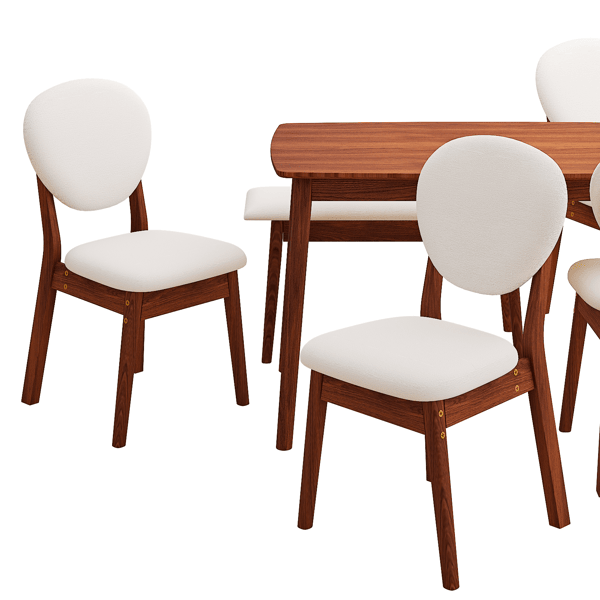Rubberwood Dining Table Set, 1 Rectangular Table + 4 Upholstered Chairs + 1 Bench, Dark Walnut Finish with Beige Cushions, Detachable & Easy Assemble, for Kitchen Dining Room Apartment