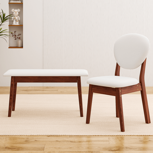 Rubberwood Dining Table Set, 1 Rectangular Table + 4 Upholstered Chairs + 1 Bench, Dark Walnut Finish with Beige Cushions, Detachable & Easy Assemble, for Kitchen Dining Room Apartment