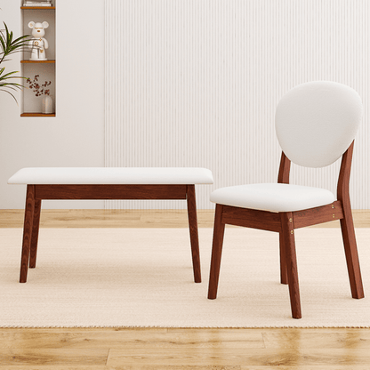 Rubberwood Dining Table Set, 1 Rectangular Table + 4 Upholstered Chairs + 1 Bench, Dark Walnut Finish with Beige Cushions, Detachable & Easy Assemble, for Kitchen Dining Room Apartment