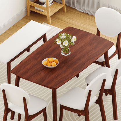 Rubberwood Dining Table Set, 1 Rectangular Table + 4 Upholstered Chairs + 1 Bench, Dark Walnut Finish with Beige Cushions, Detachable & Easy Assemble, for Kitchen Dining Room Apartment