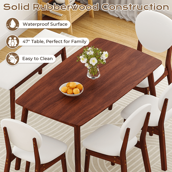 Rubberwood Dining Table Set, 1 Rectangular Table + 4 Upholstered Chairs + 1 Bench, Dark Walnut Finish with Beige Cushions, Detachable & Easy Assemble, for Kitchen Dining Room Apartment