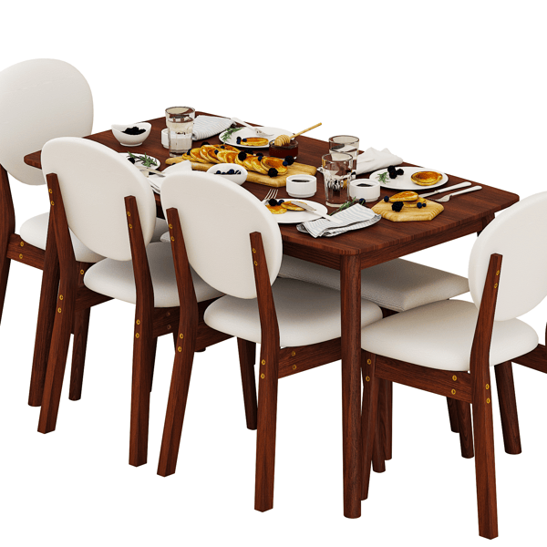 Rubberwood Dining Table Set, 1 Rectangular Table + 4 Upholstered Chairs + 1 Bench, Dark Walnut Finish with Beige Cushions, Detachable & Easy Assemble, for Kitchen Dining Room Apartment
